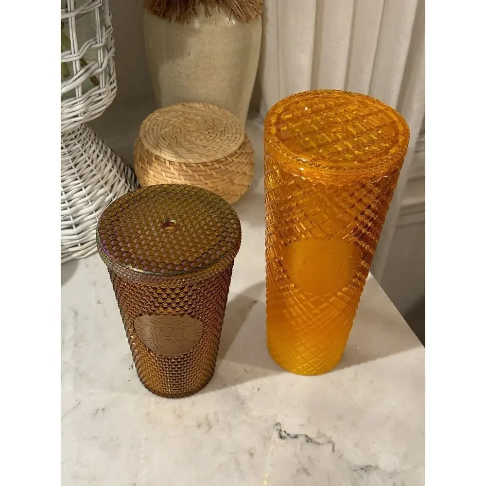 Lot Of 2 Starbucks Orange Fall Tumbler 2022 Jeweled Studded Tumbler Cold Cup - Picture 2 of 12